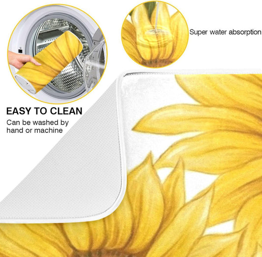 Absorbent Dish Drying Mat for Kitchen Counter - Yellow Sunflower Microfiber Drying Pad, Reversible Drainer Mats for Countertop, Small 16" x 18"