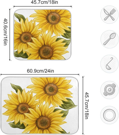 Absorbent Dish Drying Mat for Kitchen Counter - Yellow Sunflower Microfiber Drying Pad, Reversible Drainer Mats for Countertop, Small 16" x 18"