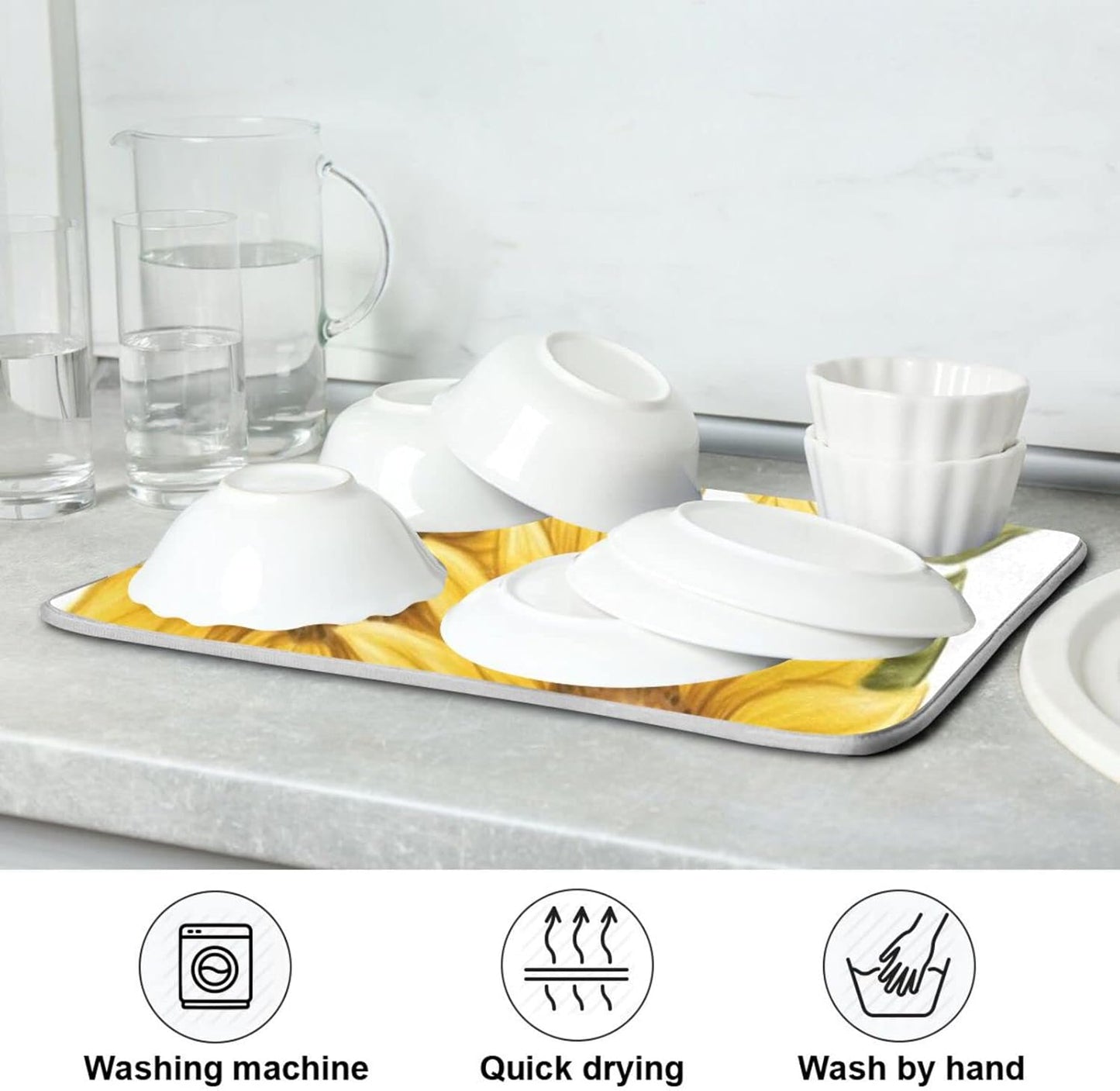 Absorbent Dish Drying Mat for Kitchen Counter - Yellow Sunflower Microfiber Drying Pad, Reversible Drainer Mats for Countertop, Small 16" x 18"