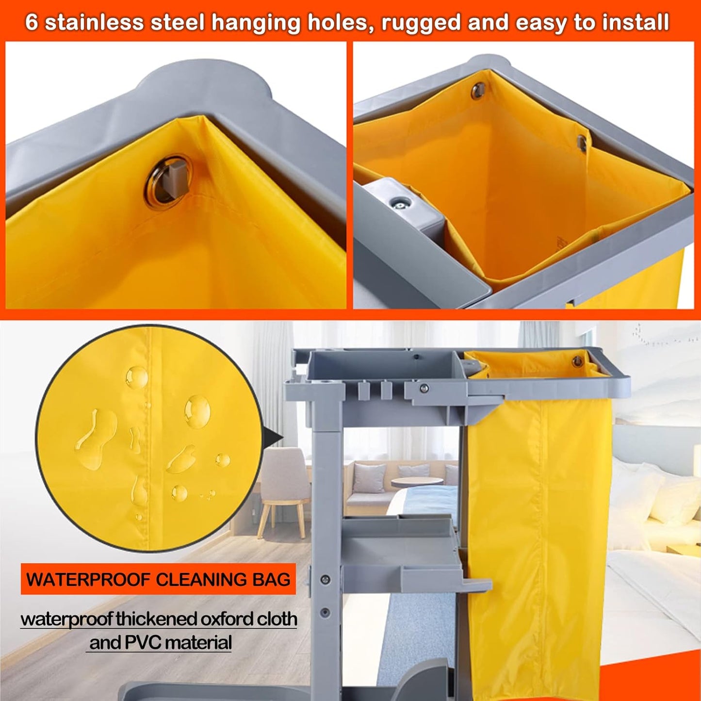 Replacement Janitorial Cart Bag, High Capacity Waterproof Thickened Housekeeping Commercial Janitorial Cleaning Cart Bag with 6 Brass Grommets - 25 Gallon (Yellow)