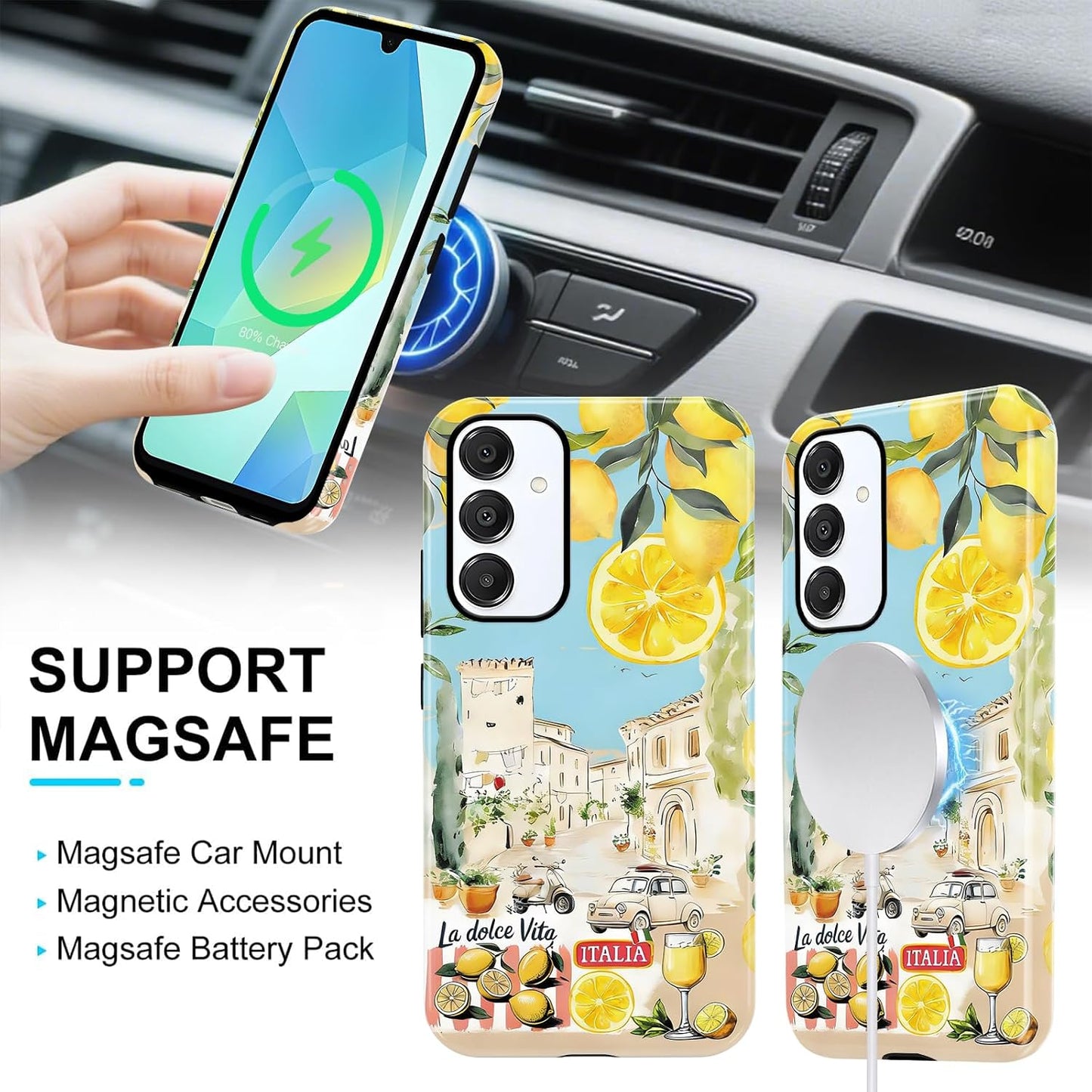 Summer Italian Vacation Lemon Collage Phone Case for Samsung Galaxy A16 5G Case Shockproof TPU and Hard PC Protective Compatible with MagSafe Designed Cover Funda for Samsung A16 6.7 Inch