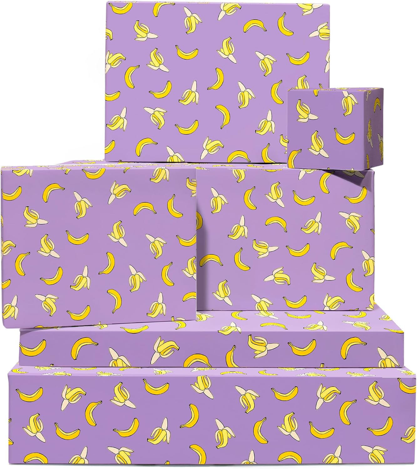 Purple Gift Wrap - 6 Sheets of Birthday Wrapping Paper - Yellow Bananas - For Men Women Kids - Recyclable