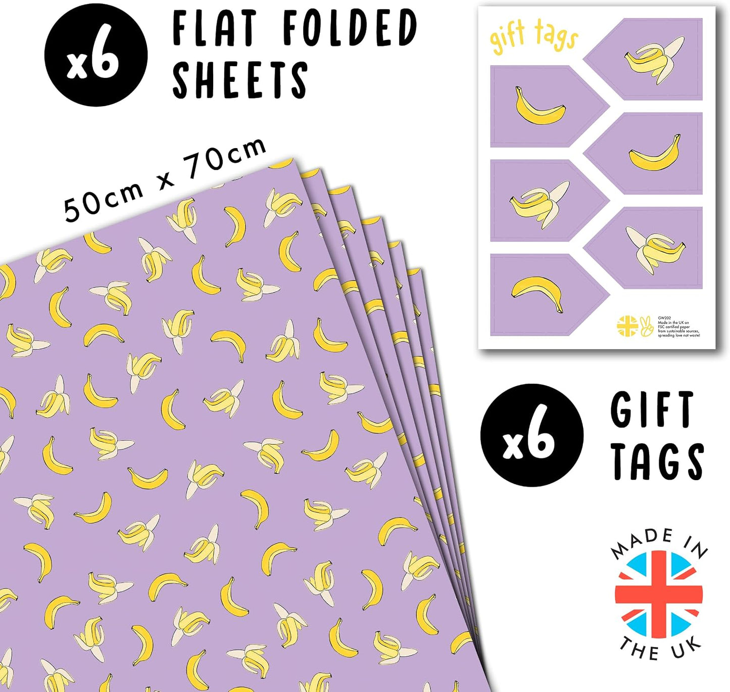 Purple Gift Wrap - 6 Sheets of Birthday Wrapping Paper - Yellow Bananas - For Men Women Kids - Recyclable