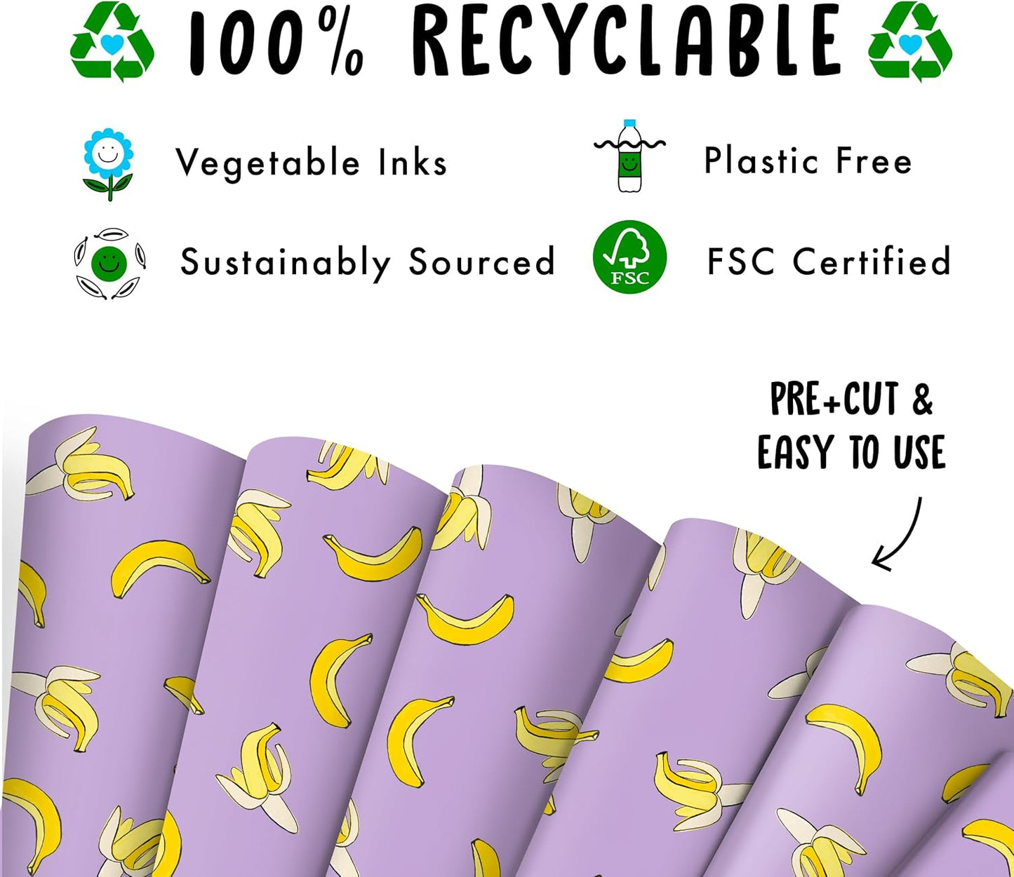 Purple Gift Wrap - 6 Sheets of Birthday Wrapping Paper - Yellow Bananas - For Men Women Kids - Recyclable
