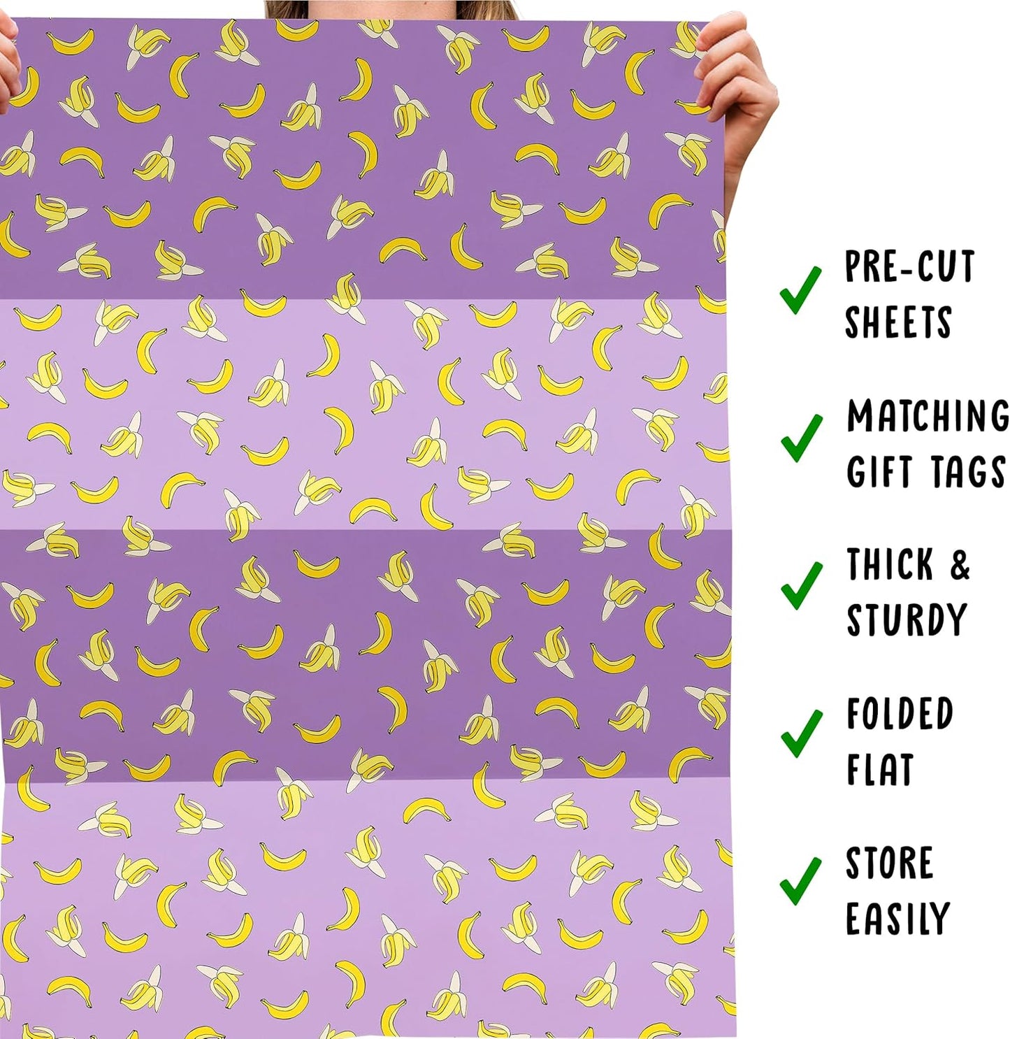 Purple Gift Wrap - 6 Sheets of Birthday Wrapping Paper - Yellow Bananas - For Men Women Kids - Recyclable