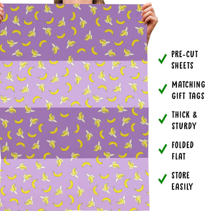 Purple Gift Wrap - 6 Sheets of Birthday Wrapping Paper - Yellow Bananas - For Men Women Kids - Recyclable
