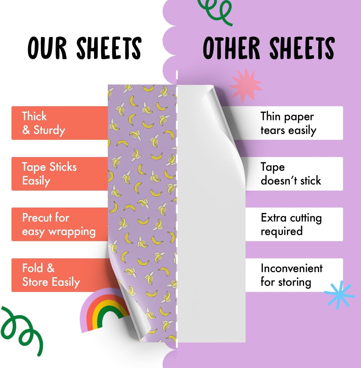 Purple Gift Wrap - 6 Sheets of Birthday Wrapping Paper - Yellow Bananas - For Men Women Kids - Recyclable