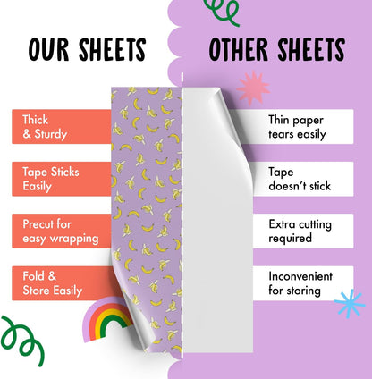 Purple Gift Wrap - 6 Sheets of Birthday Wrapping Paper - Yellow Bananas - For Men Women Kids - Recyclable