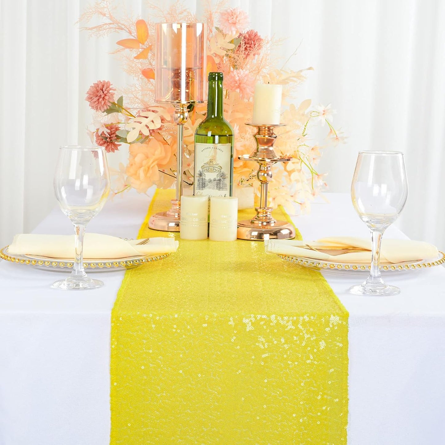 Yellow Table Runners Pack of 2 Sequin Table Runner 12inx108in Baby Birthday Decorations Dining Table-Runner 108 Inches Long Party Table Cloth Modern Style Wedding Decoration