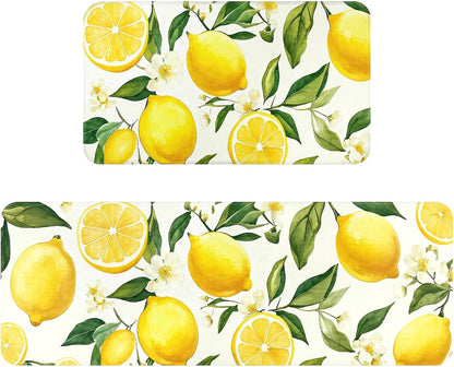 Lemon Kitchen Rugs Sets of 2 Non Slip Spring Summer Yellow White Kitchen Mats for Floor with Rubber Backing Washable Kitchen Runner Rug Carpet 17"x47"+17"x30" for Hallway Laundry