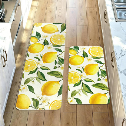 Lemon Kitchen Rugs Sets of 2 Non Slip Spring Summer Yellow White Kitchen Mats for Floor with Rubber Backing Washable Kitchen Runner Rug Carpet 17"x47"+17"x30" for Hallway Laundry