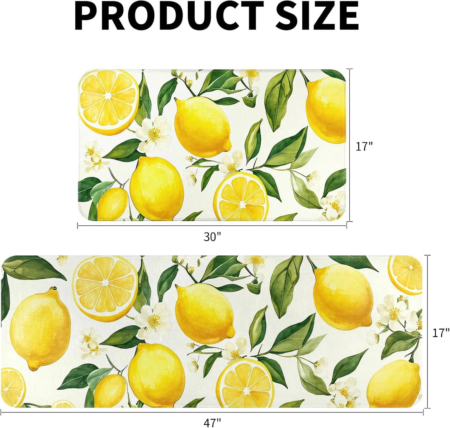 Lemon Kitchen Rugs Sets of 2 Non Slip Spring Summer Yellow White Kitchen Mats for Floor with Rubber Backing Washable Kitchen Runner Rug Carpet 17"x47"+17"x30" for Hallway Laundry