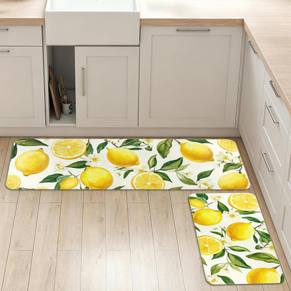 Lemon Kitchen Rugs Sets of 2 Non Slip Spring Summer Yellow White Kitchen Mats for Floor with Rubber Backing Washable Kitchen Runner Rug Carpet 17"x47"+17"x30" for Hallway Laundry