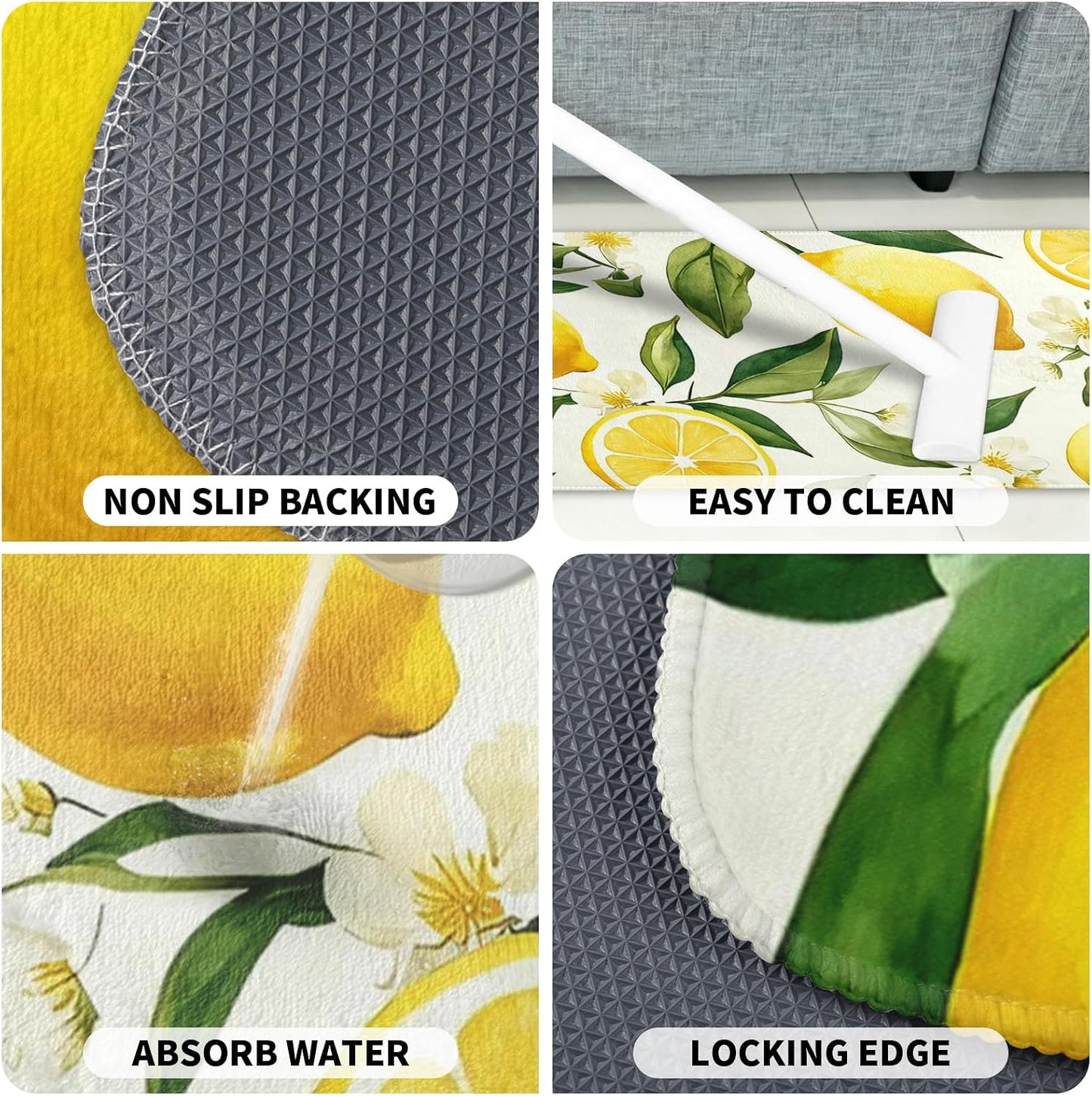 Lemon Kitchen Rugs Sets of 2 Non Slip Spring Summer Yellow White Kitchen Mats for Floor with Rubber Backing Washable Kitchen Runner Rug Carpet 17"x47"+17"x30" for Hallway Laundry