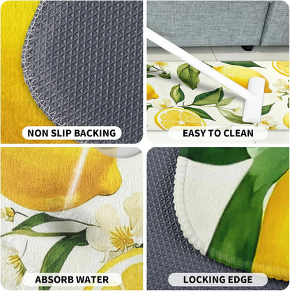 Lemon Kitchen Rugs Sets of 2 Non Slip Spring Summer Yellow White Kitchen Mats for Floor with Rubber Backing Washable Kitchen Runner Rug Carpet 17"x47"+17"x30" for Hallway Laundry