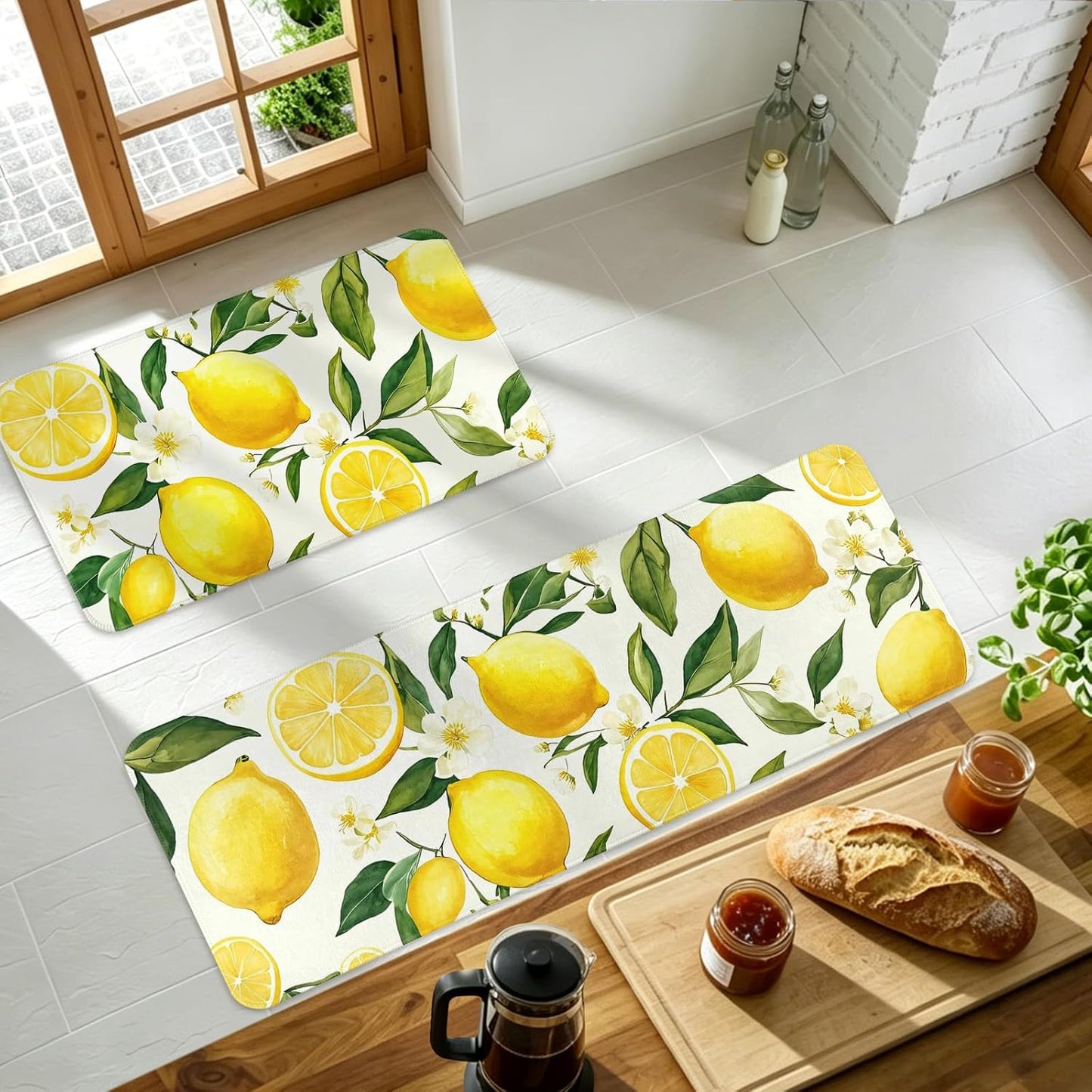 Lemon Kitchen Rugs Sets of 2 Non Slip Spring Summer Yellow White Kitchen Mats for Floor with Rubber Backing Washable Kitchen Runner Rug Carpet 17"x47"+17"x30" for Hallway Laundry