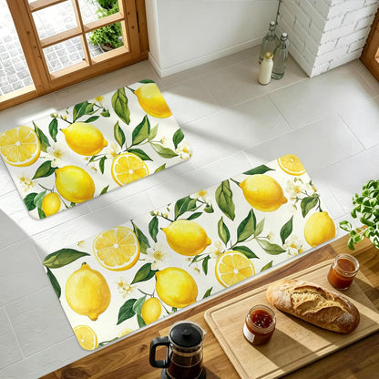 Lemon Kitchen Rugs Sets of 2 Non Slip Spring Summer Yellow White Kitchen Mats for Floor with Rubber Backing Washable Kitchen Runner Rug Carpet 17"x47"+17"x30" for Hallway Laundry