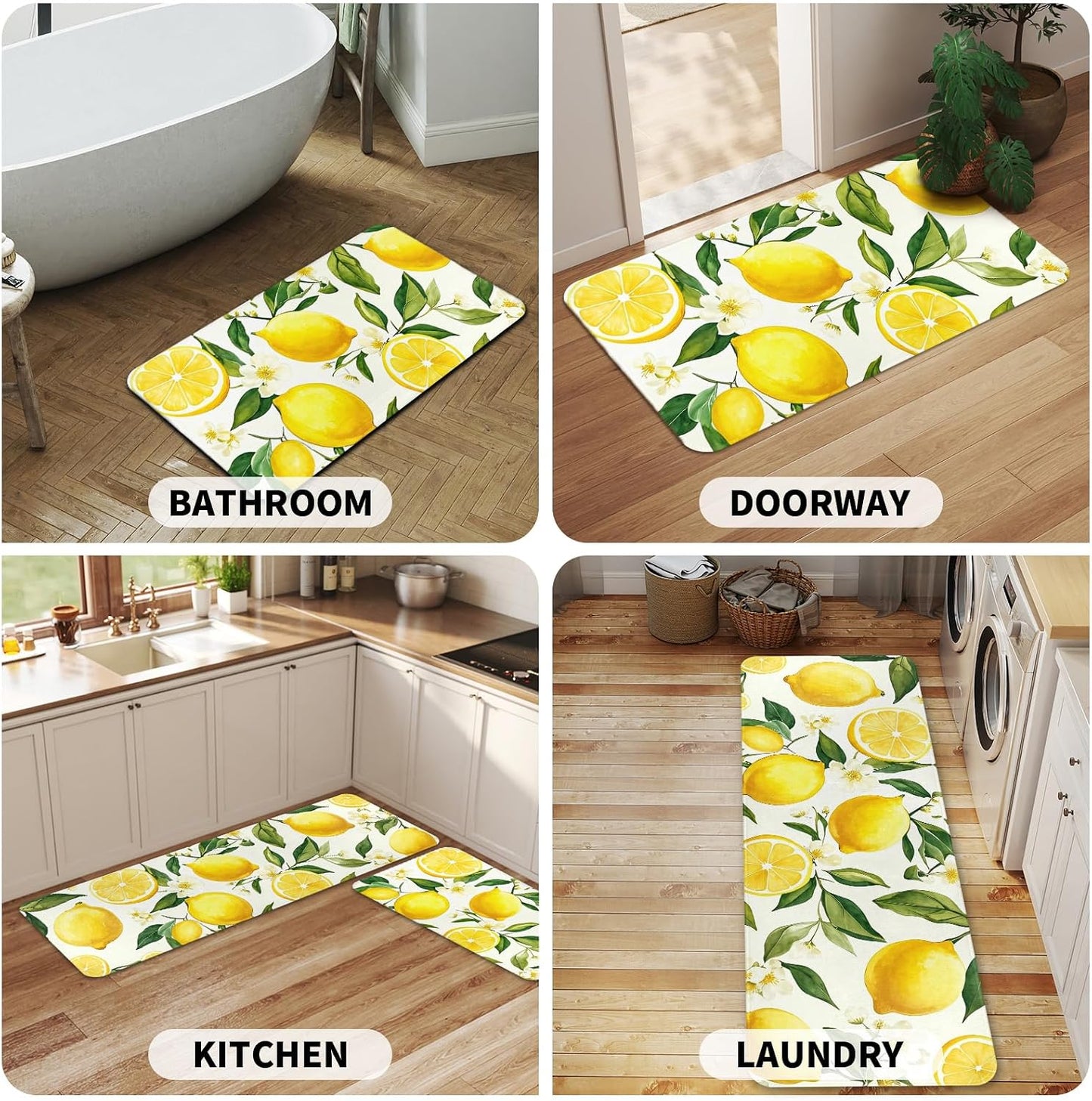 Lemon Kitchen Rugs Sets of 2 Non Slip Spring Summer Yellow White Kitchen Mats for Floor with Rubber Backing Washable Kitchen Runner Rug Carpet 17"x47"+17"x30" for Hallway Laundry