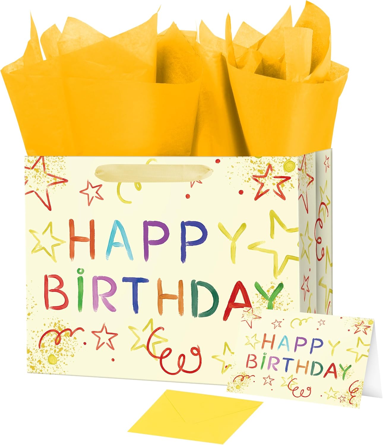 Ranfashiong 13" Boy and Girl Birthday Yellow Gift Bag with Tissue Paper Greeting Card for Baby Shower Party Wrap (Colorful Stars)