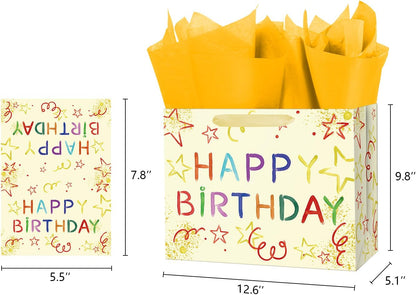 Ranfashiong 13" Boy and Girl Birthday Yellow Gift Bag with Tissue Paper Greeting Card for Baby Shower Party Wrap (Colorful Stars)