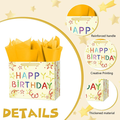 Ranfashiong 13" Boy and Girl Birthday Yellow Gift Bag with Tissue Paper Greeting Card for Baby Shower Party Wrap (Colorful Stars)