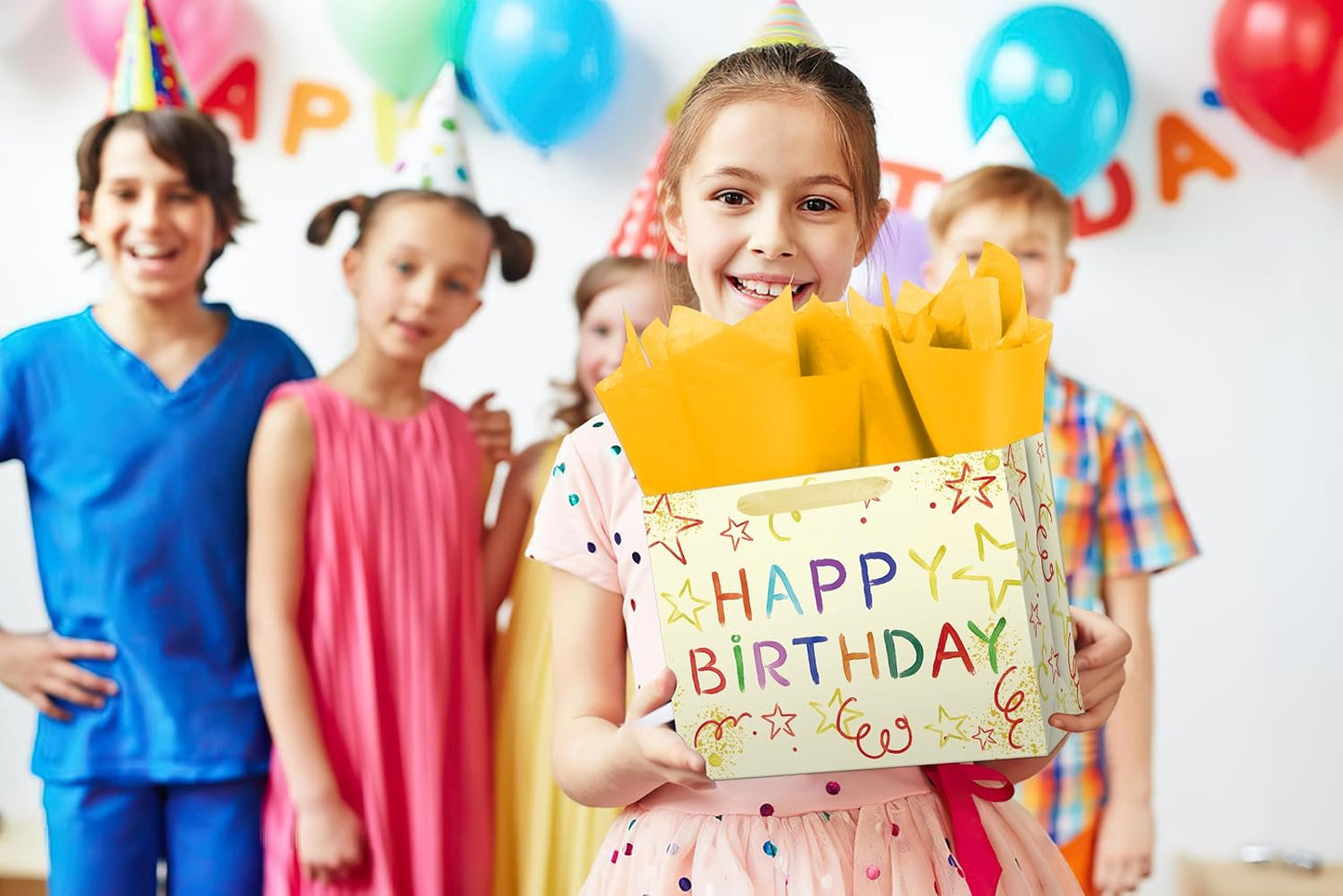 Ranfashiong 13" Boy and Girl Birthday Yellow Gift Bag with Tissue Paper Greeting Card for Baby Shower Party Wrap (Colorful Stars)