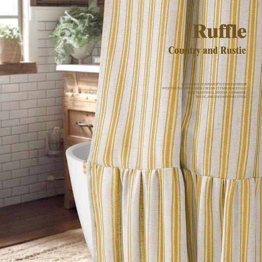 Farmhouse Shower Curtain with Ruffle Hem Linen Shower Curtains for Bathroom Country Vintage Rustic Natural Fabric, Cream-Yellow Stripe 72" W x 72" L
