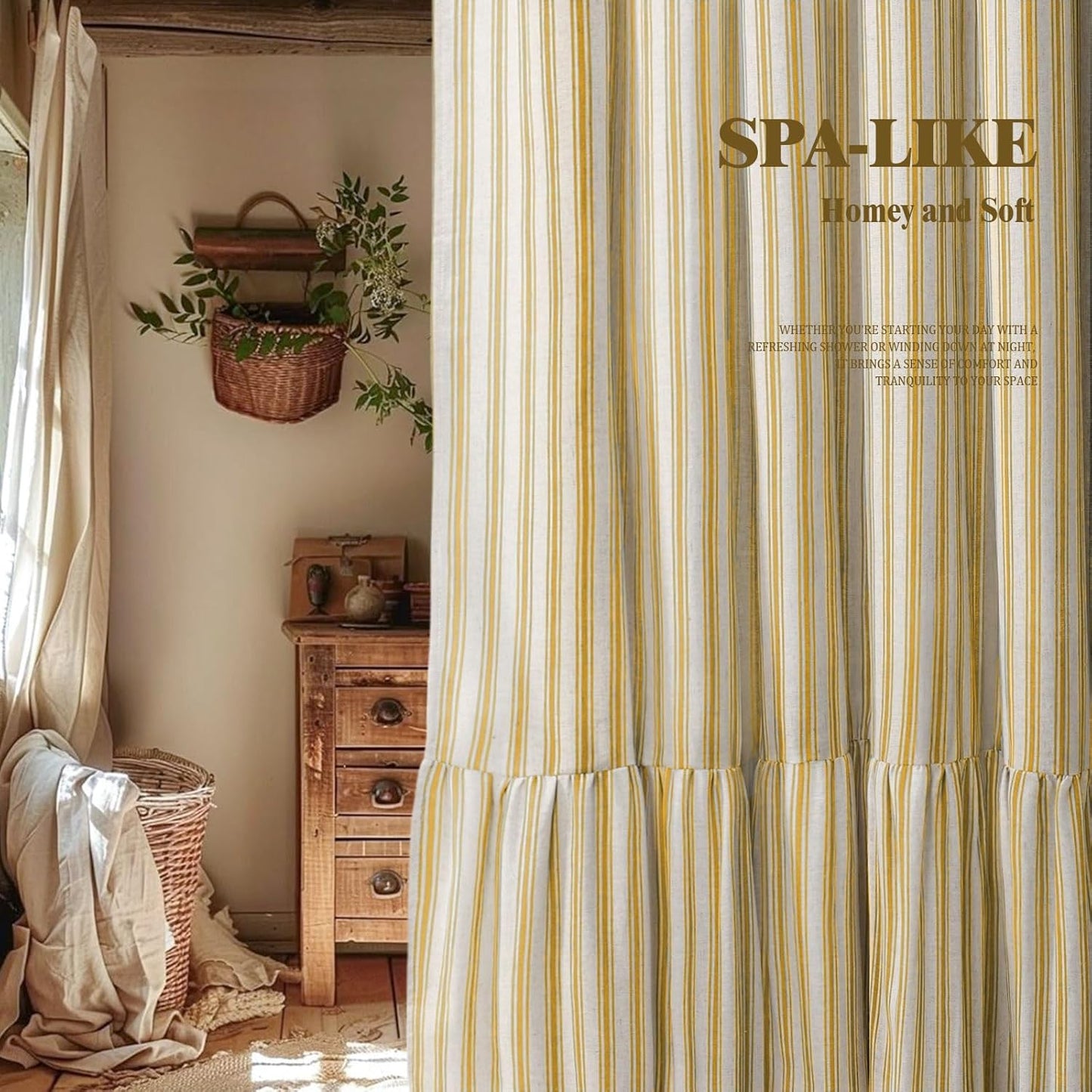 Farmhouse Shower Curtain with Ruffle Hem Linen Shower Curtains for Bathroom Country Vintage Rustic Natural Fabric, Cream-Yellow Stripe 72" W x 72" L