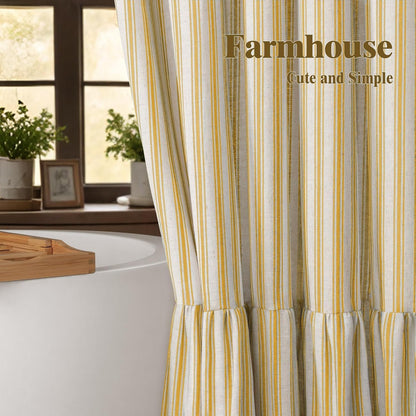 Farmhouse Shower Curtain with Ruffle Hem Linen Shower Curtains for Bathroom Country Vintage Rustic Natural Fabric, Cream-Yellow Stripe 72" W x 72" L
