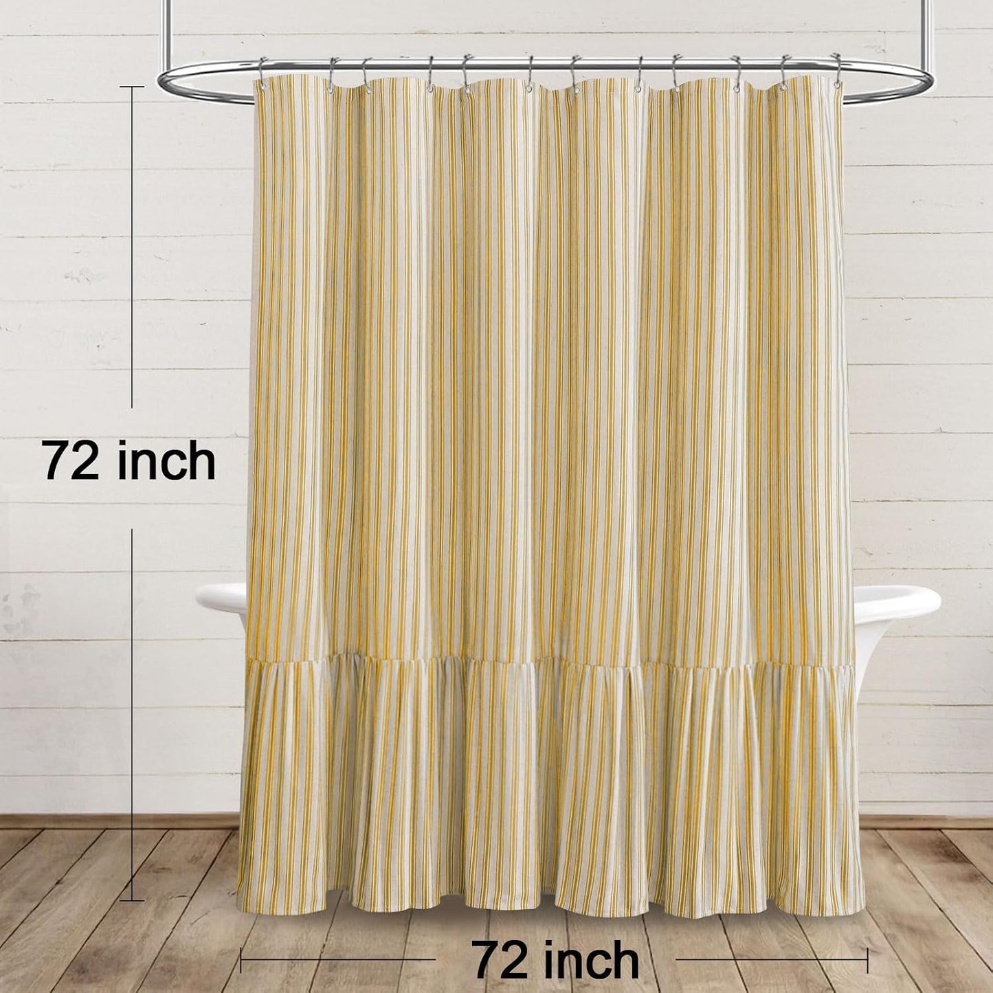 Farmhouse Shower Curtain with Ruffle Hem Linen Shower Curtains for Bathroom Country Vintage Rustic Natural Fabric, Cream-Yellow Stripe 72" W x 72" L