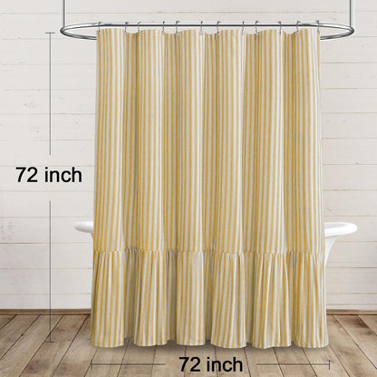 Farmhouse Shower Curtain with Ruffle Hem Linen Shower Curtains for Bathroom Country Vintage Rustic Natural Fabric, Cream-Yellow Stripe 72" W x 72" L