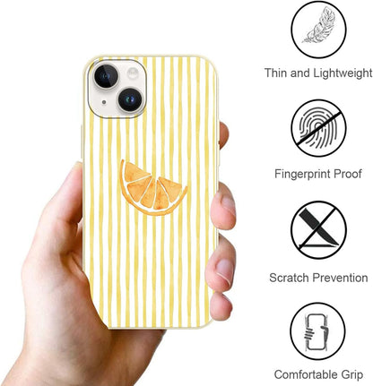 for iPhone 13/iPhone 14 6.1'' Cute Aesthetic Yellow Summer Stripes Collage Phone Case, Simple Line Lemon Slices Design Phone Cover Soft Frame TPU Protective Shockproof Case for Women Girls