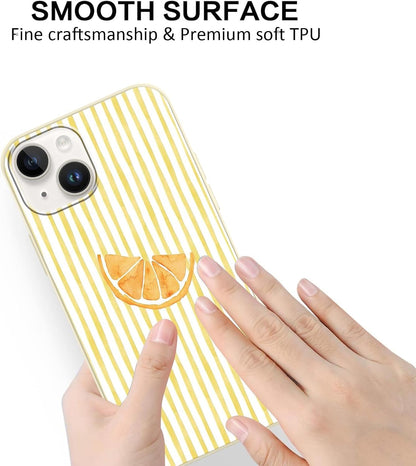 for iPhone 13/iPhone 14 6.1'' Cute Aesthetic Yellow Summer Stripes Collage Phone Case, Simple Line Lemon Slices Design Phone Cover Soft Frame TPU Protective Shockproof Case for Women Girls