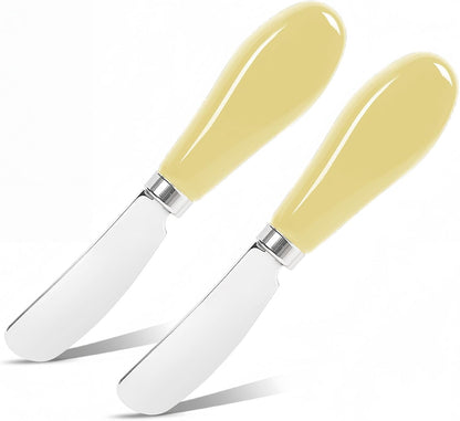 Butter Spreader Knife Set, 2-Pack Stainless Steel Cheese and Butter Knives with Ceramic Handle, Dishwasher Safe, for Soft & Hard Cheese, Jam, Cold Butter (light yellow)