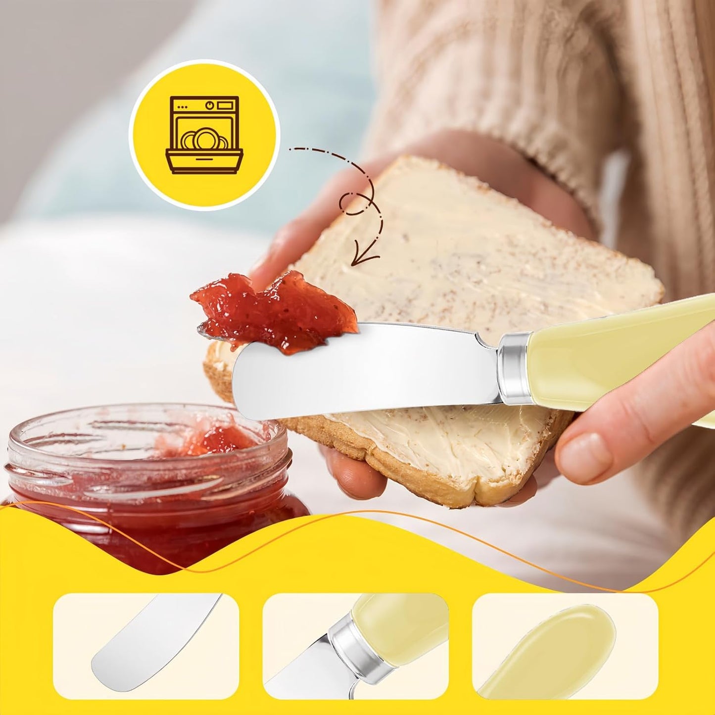 Butter Spreader Knife Set, 2-Pack Stainless Steel Cheese and Butter Knives with Ceramic Handle, Dishwasher Safe, for Soft & Hard Cheese, Jam, Cold Butter (light yellow)