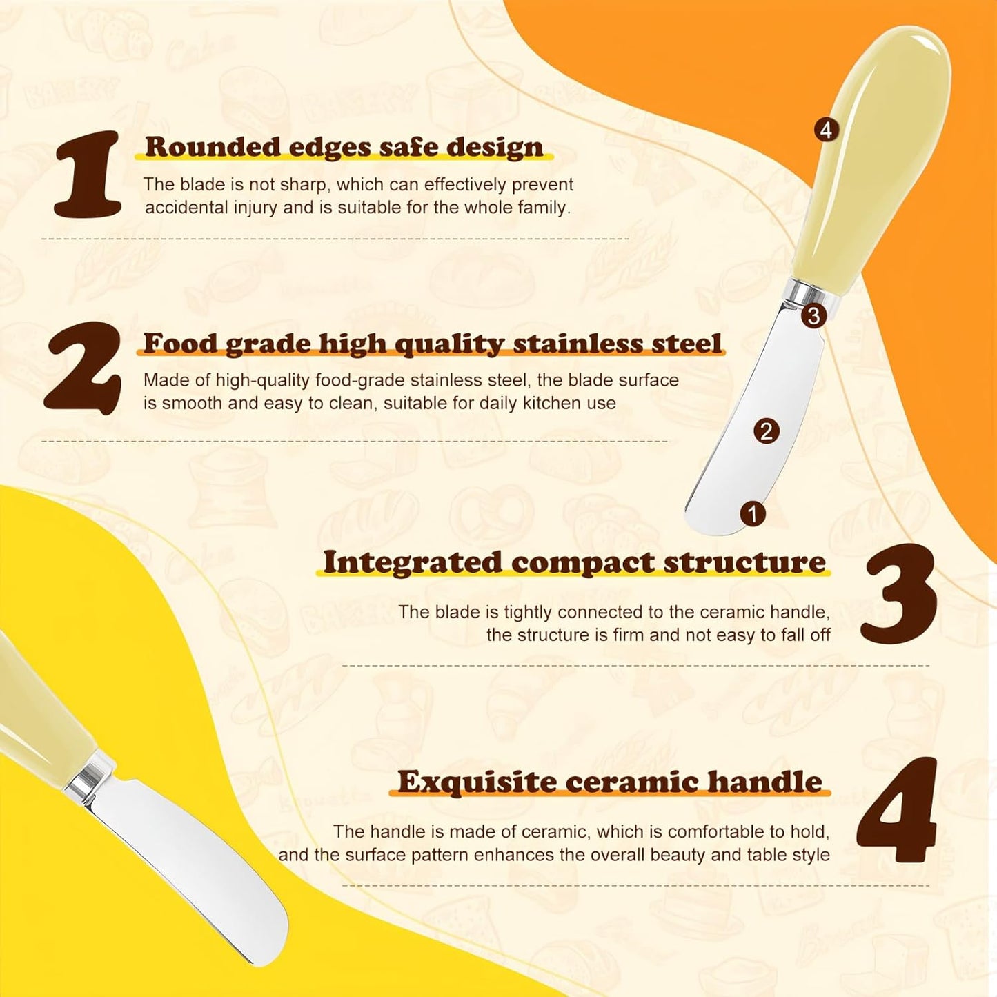 Butter Spreader Knife Set, 2-Pack Stainless Steel Cheese and Butter Knives with Ceramic Handle, Dishwasher Safe, for Soft & Hard Cheese, Jam, Cold Butter (light yellow)