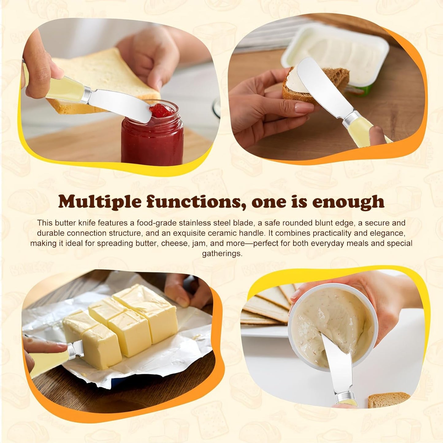 Butter Spreader Knife Set, 2-Pack Stainless Steel Cheese and Butter Knives with Ceramic Handle, Dishwasher Safe, for Soft & Hard Cheese, Jam, Cold Butter (light yellow)