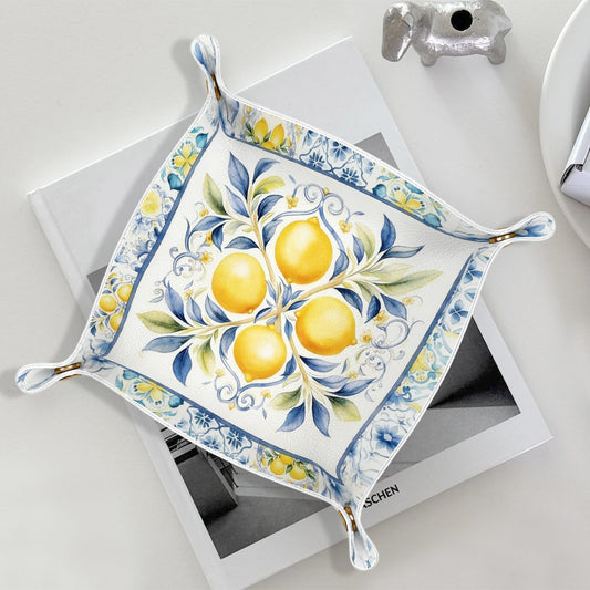 Lemon Decorations Jewelry Valet Tray for Women,Lemon Gifts | Lemon PU Leather Catchall Beside Caddy Nightstand Organizer Tray for Jewelry Rings Watches Keys and Accessories,7.87x7.87in