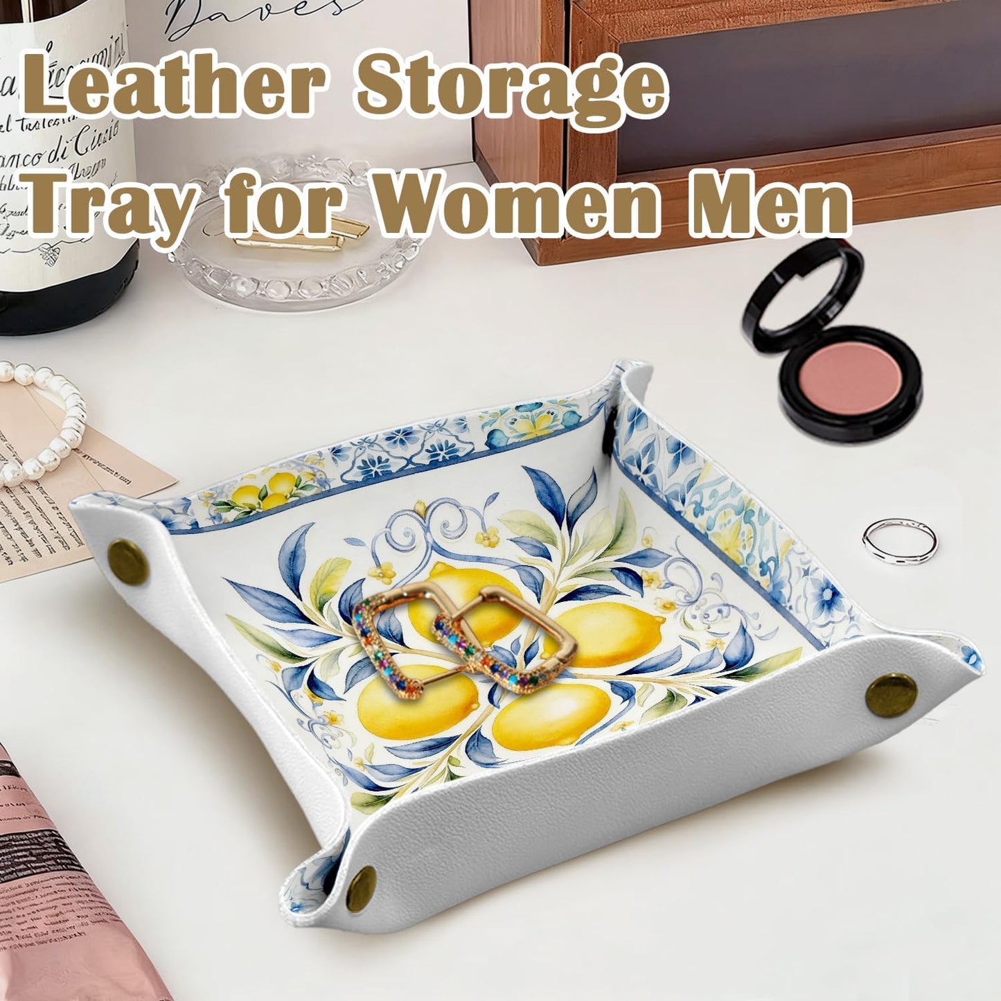 Lemon Decorations Jewelry Valet Tray for Women,Lemon Gifts | Lemon PU Leather Catchall Beside Caddy Nightstand Organizer Tray for Jewelry Rings Watches Keys and Accessories,7.87x7.87in