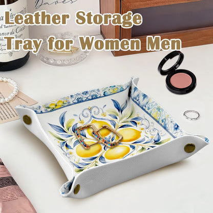 Lemon Decorations Jewelry Valet Tray for Women,Lemon Gifts | Lemon PU Leather Catchall Beside Caddy Nightstand Organizer Tray for Jewelry Rings Watches Keys and Accessories,7.87x7.87in