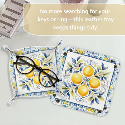 Lemon Decorations Jewelry Valet Tray for Women,Lemon Gifts | Lemon PU Leather Catchall Beside Caddy Nightstand Organizer Tray for Jewelry Rings Watches Keys and Accessories,7.87x7.87in
