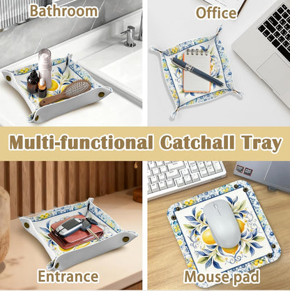 Lemon Decorations Jewelry Valet Tray for Women,Lemon Gifts | Lemon PU Leather Catchall Beside Caddy Nightstand Organizer Tray for Jewelry Rings Watches Keys and Accessories,7.87x7.87in