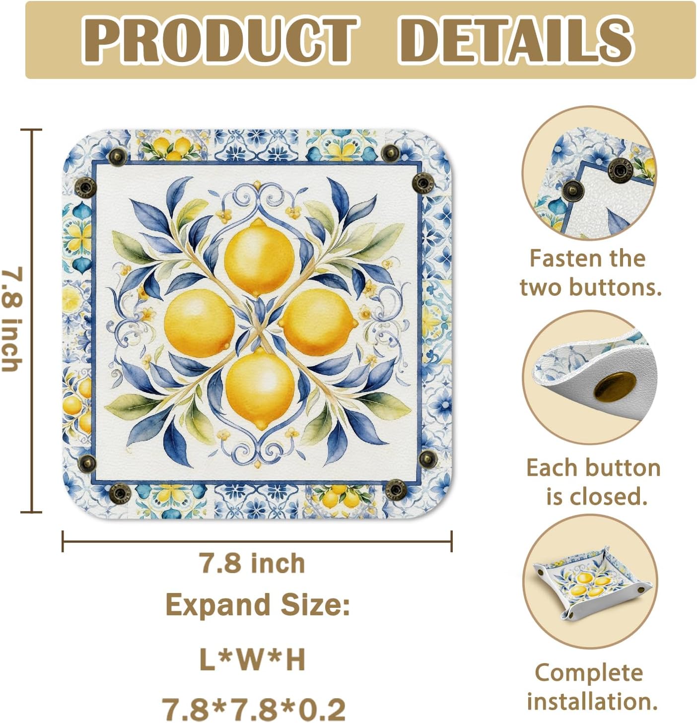 Lemon Decorations Jewelry Valet Tray for Women,Lemon Gifts | Lemon PU Leather Catchall Beside Caddy Nightstand Organizer Tray for Jewelry Rings Watches Keys and Accessories,7.87x7.87in