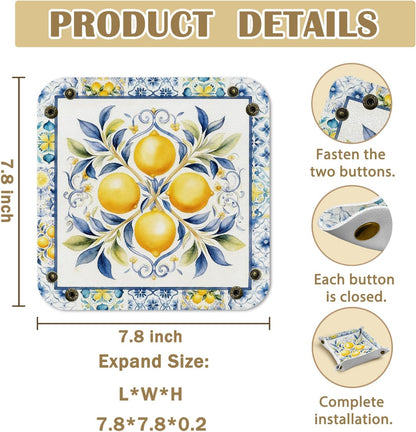 Lemon Decorations Jewelry Valet Tray for Women,Lemon Gifts | Lemon PU Leather Catchall Beside Caddy Nightstand Organizer Tray for Jewelry Rings Watches Keys and Accessories,7.87x7.87in