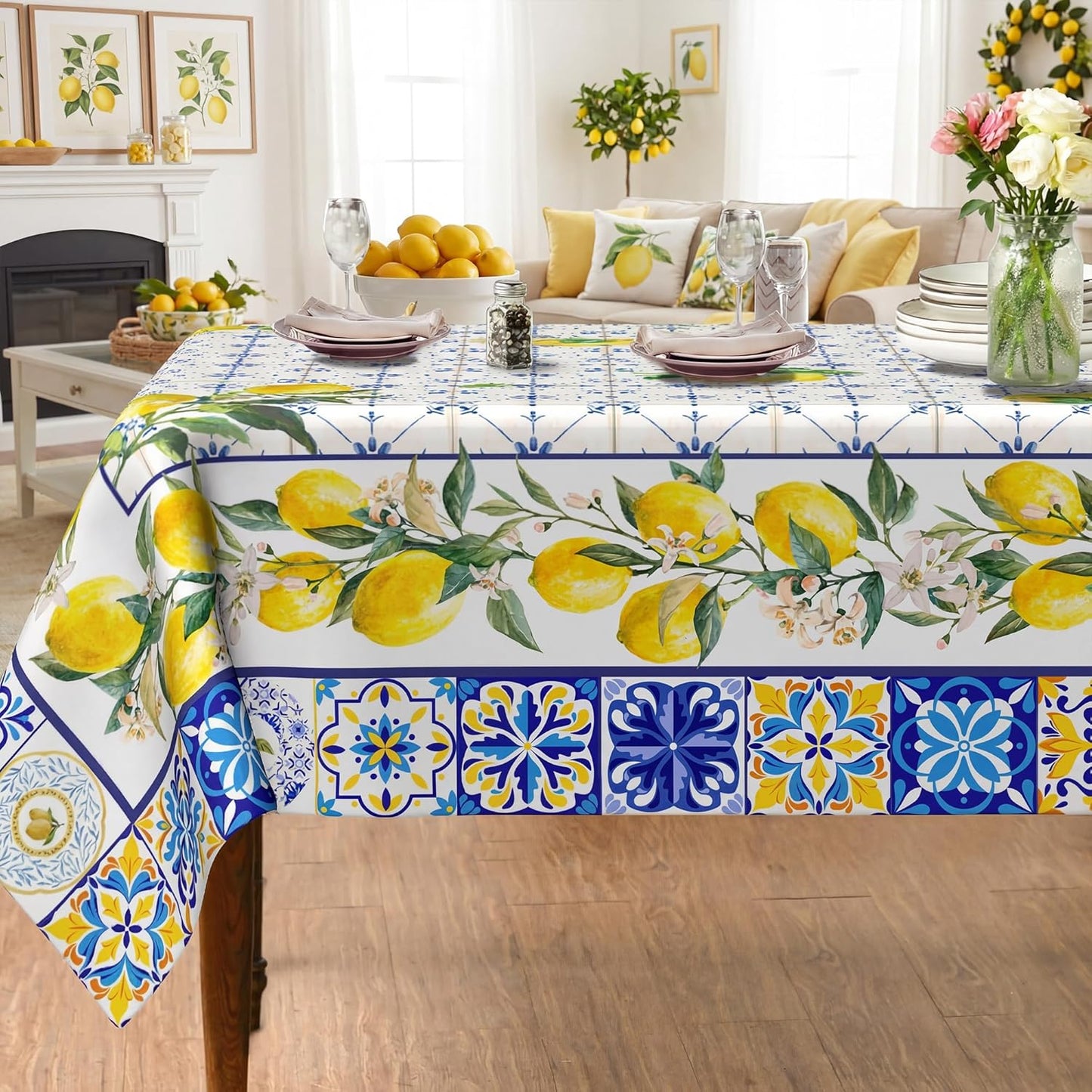 Lemon Tablecloth 60x84 Inch, Bule Diamond Check Farmhouse Decorations for Home Table Cloth Rectangle, Spring Summer Seasonal Decor Tablecloths Polyester for Party Dinner