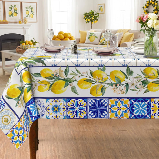 Lemon Tablecloth 60x84 Inch, Bule Diamond Check Farmhouse Decorations for Home Table Cloth Rectangle, Spring Summer Seasonal Decor Tablecloths Polyester for Party Dinner