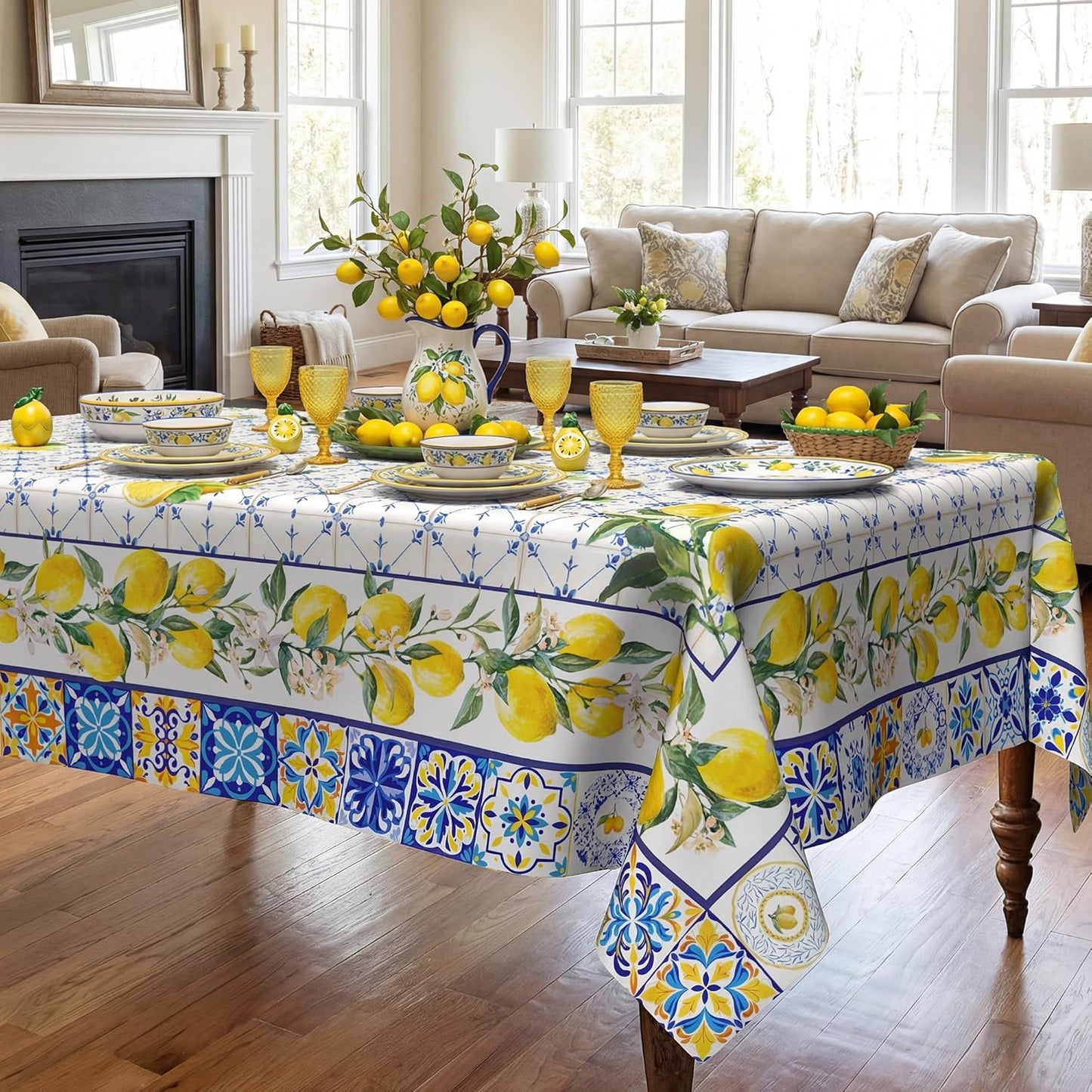 Lemon Tablecloth 60x84 Inch, Bule Diamond Check Farmhouse Decorations for Home Table Cloth Rectangle, Spring Summer Seasonal Decor Tablecloths Polyester for Party Dinner