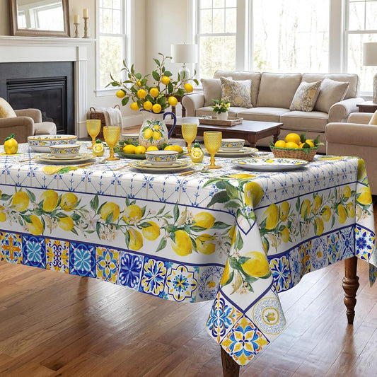 Lemon Tablecloth 60x84 Inch, Bule Diamond Check Farmhouse Decorations for Home Table Cloth Rectangle, Spring Summer Seasonal Decor Tablecloths Polyester for Party Dinner