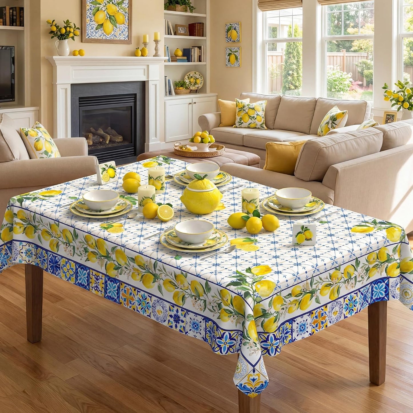 Lemon Tablecloth 60x84 Inch, Bule Diamond Check Farmhouse Decorations for Home Table Cloth Rectangle, Spring Summer Seasonal Decor Tablecloths Polyester for Party Dinner