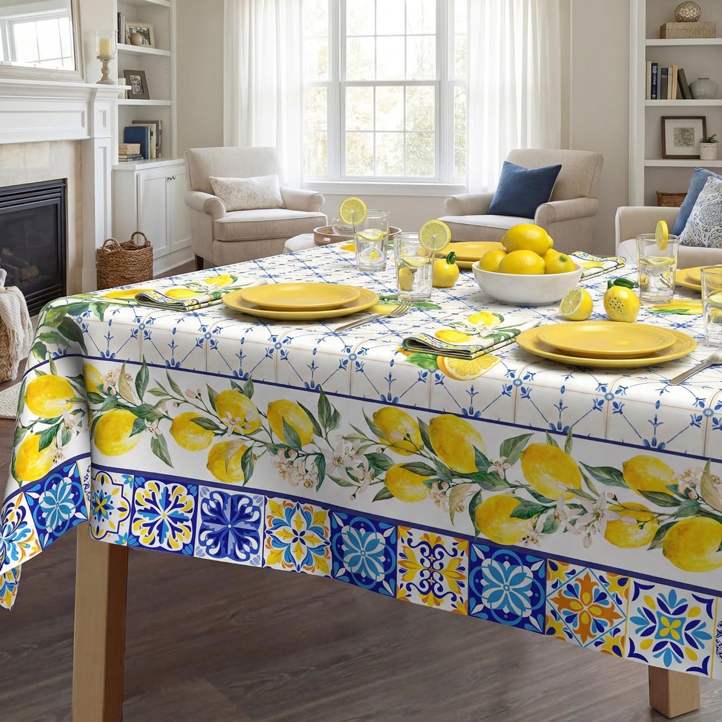 Lemon Tablecloth 60x84 Inch, Bule Diamond Check Farmhouse Decorations for Home Table Cloth Rectangle, Spring Summer Seasonal Decor Tablecloths Polyester for Party Dinner